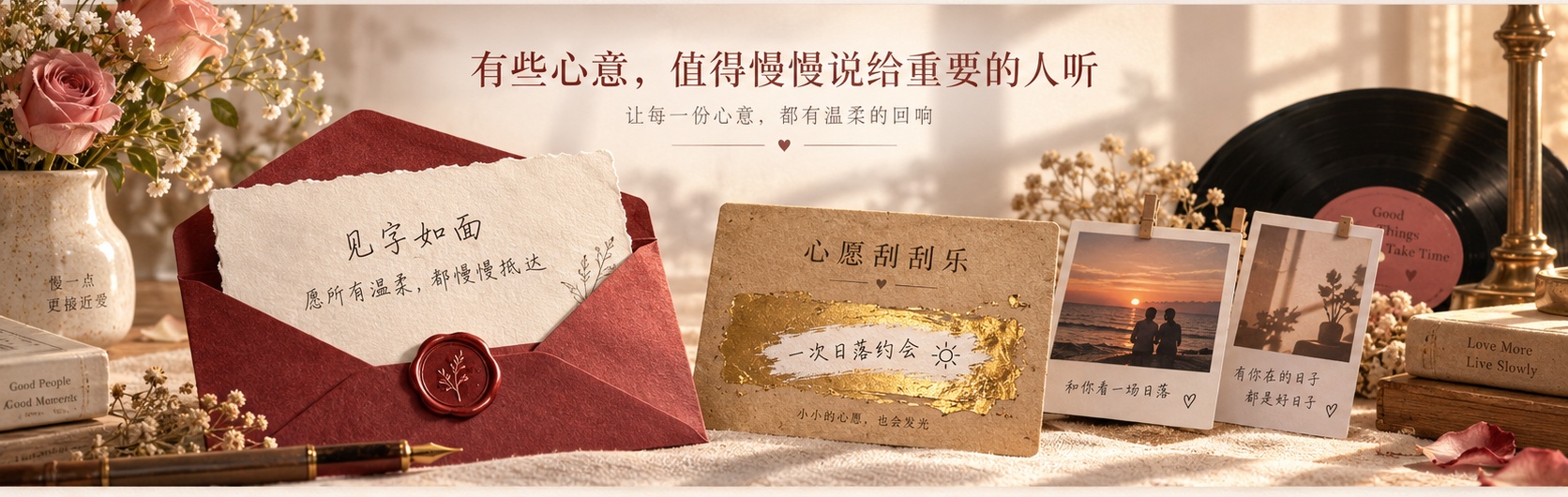 暖阳理物台：火漆信笺、金色刮刮乐、拍立得回忆照片与复古黑胶